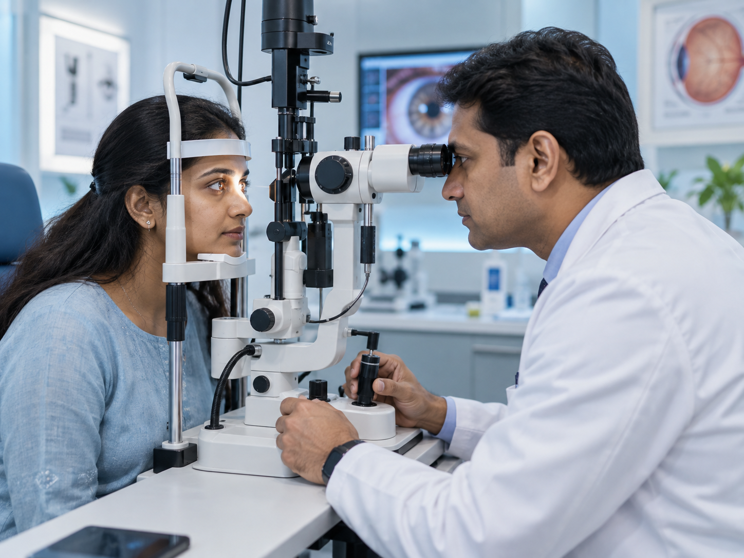 Ophthalmologist examining a patient's eye with a slit-lamp microscope