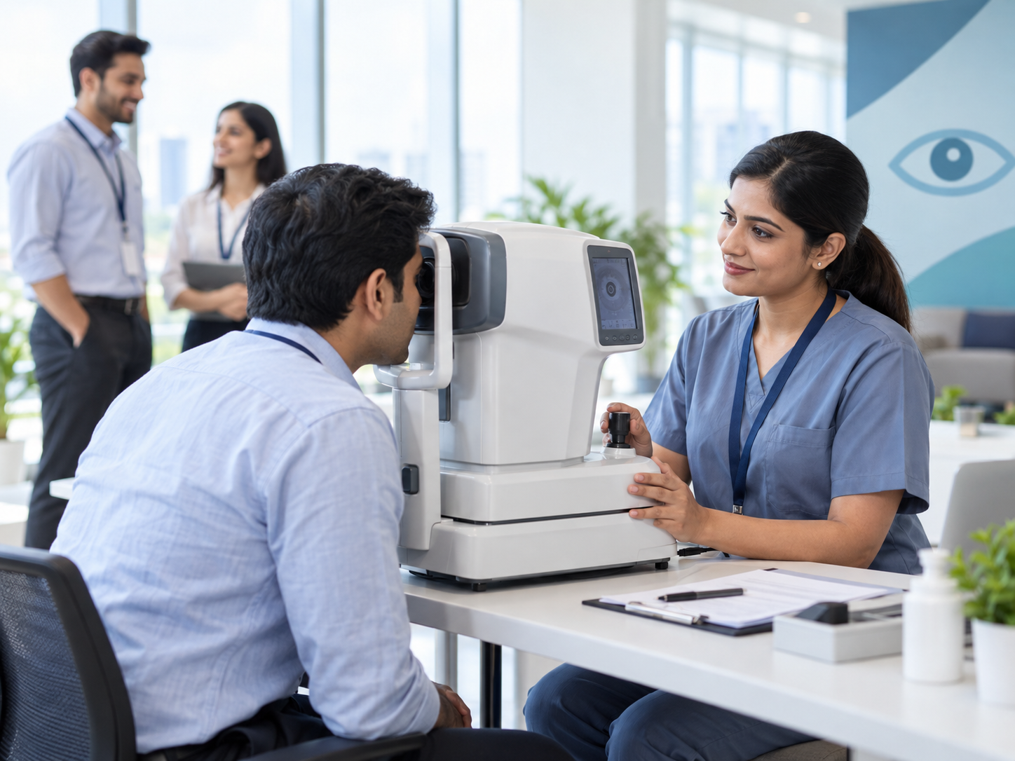 Eye-care clinician conducting a corporate vision screening