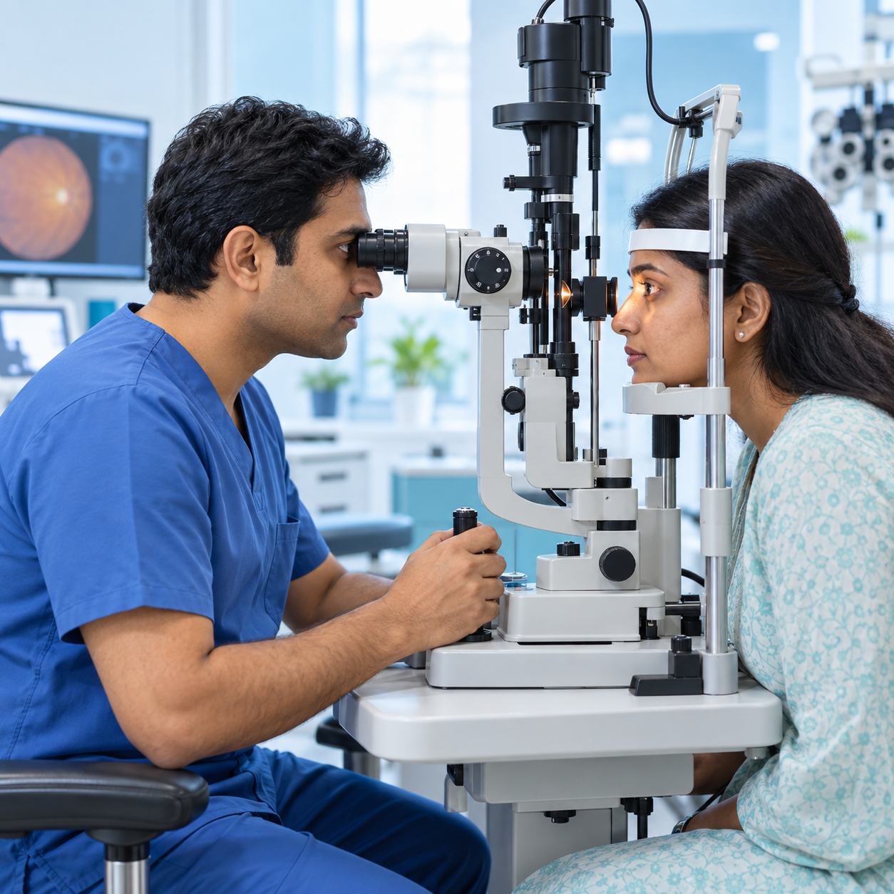 Patient receiving a slit-lamp eye examination from an ophthalmologist