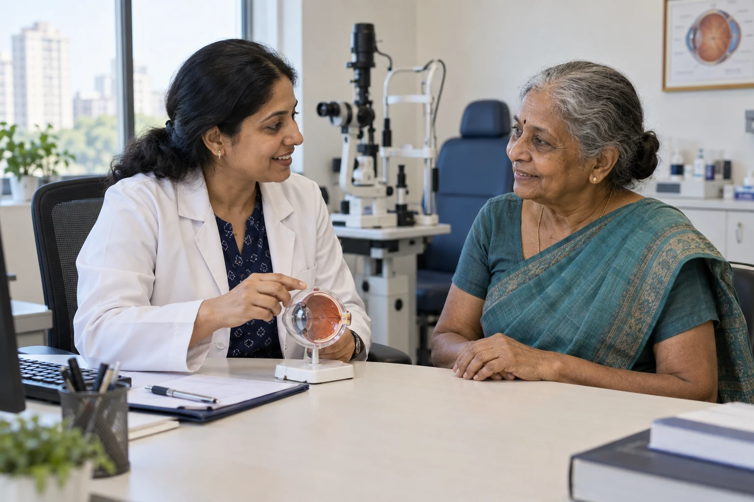 Ophthalmologist explaining the next steps of care to a patient