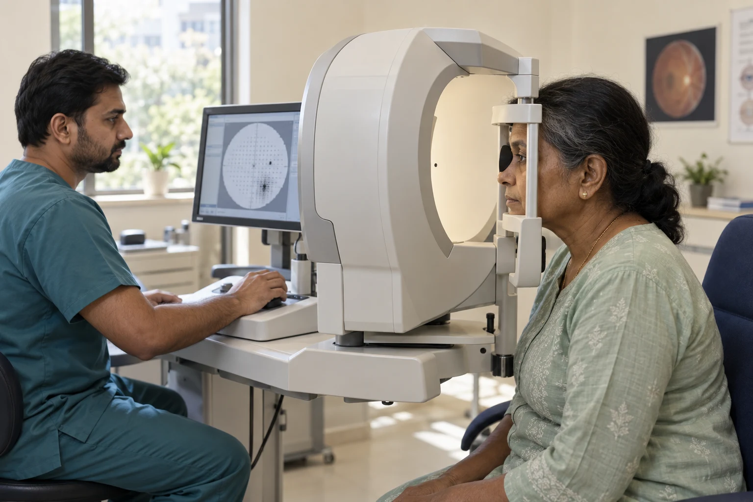 Patient completing a glaucoma visual-field assessment