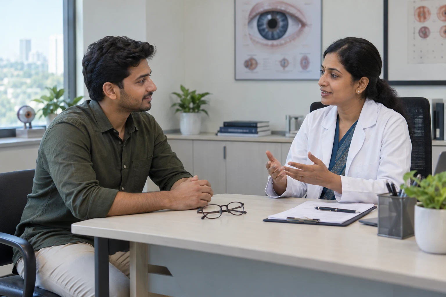 Patient discussing his eye-care concern with an ophthalmologist
